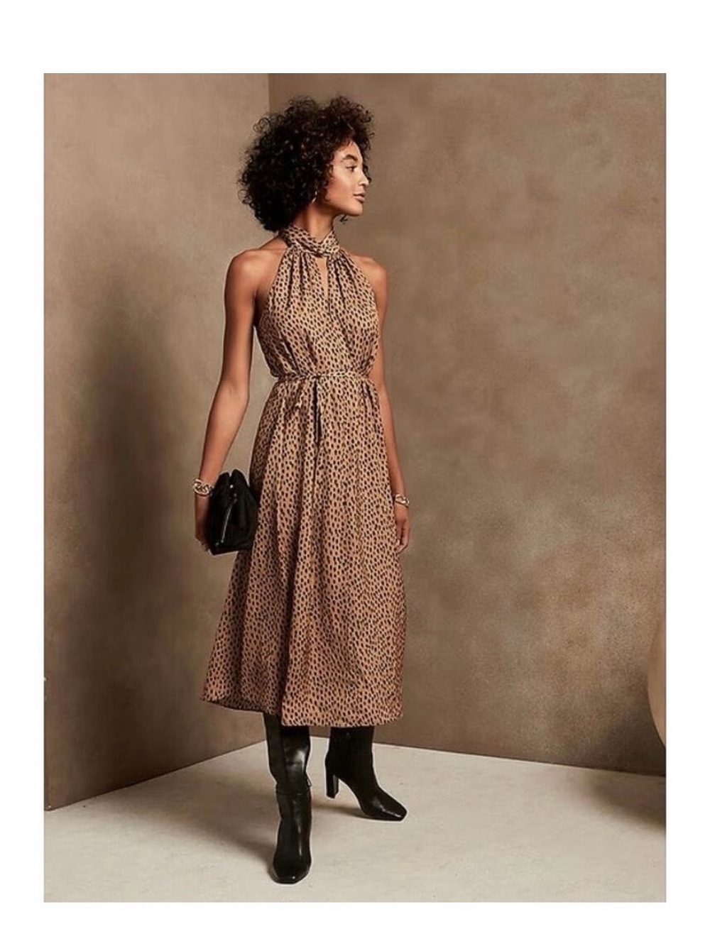 Banana Republic Factory Satin Sleeveless Halter Midi Dress in Leopard Brown